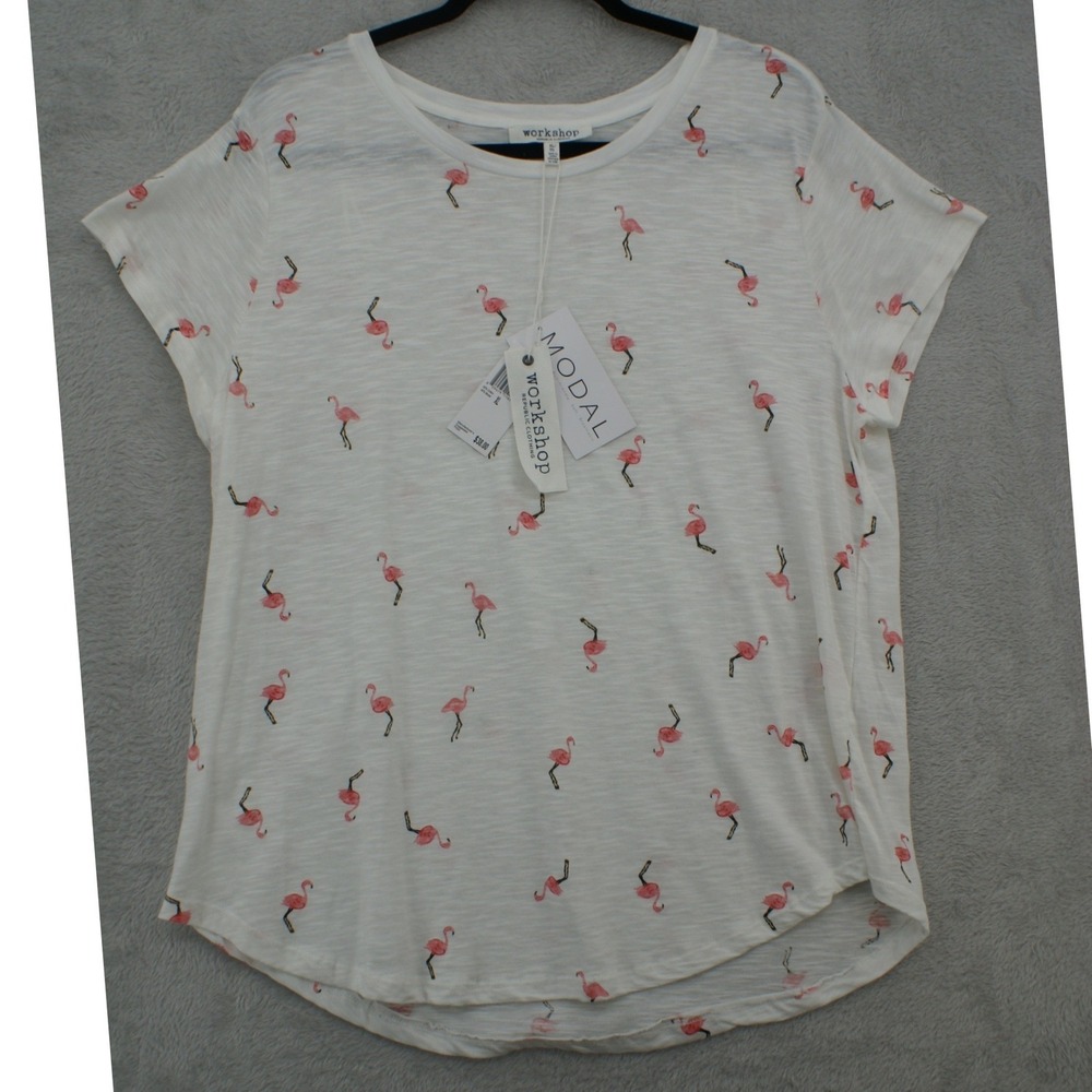 Workshop Republic Clothing Womens XL White Flamingo Print Cotton Modal Slub Tee